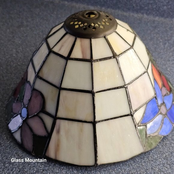 SOLD - Tiffany Style Small Stained Glass Floral Mauve Red Blue Green Lamp Shade - Picture 3 of 7